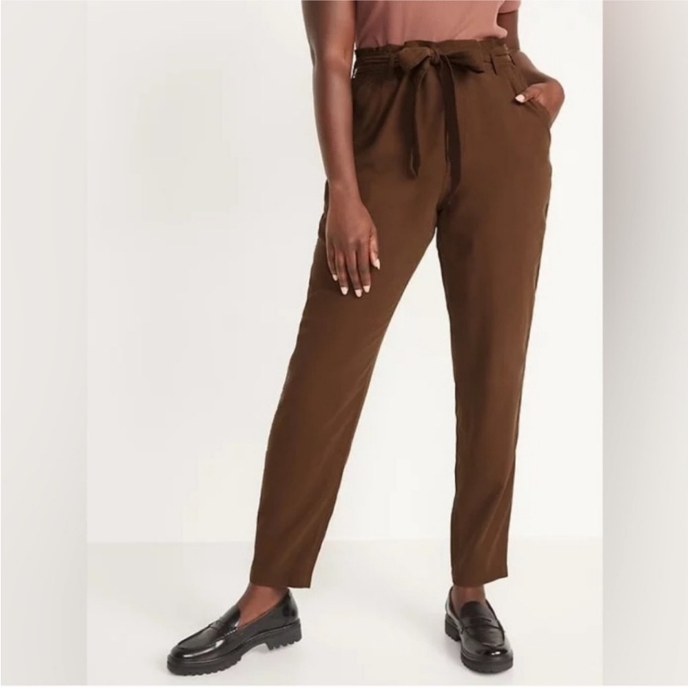 Nine Eight chocolate brown paper bag elastic waist belt tie pants, Large